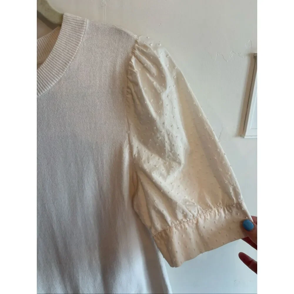 Loft Ivory Puff Sleeve Blouse Size Medium Polka Dot Texture Scoop Neck
